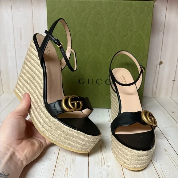 Gucci Nappa Matelasse GG Marmont Platform Espadrille Wedges Black Sz 41.5 / 11.5 - Picture 7 of 11